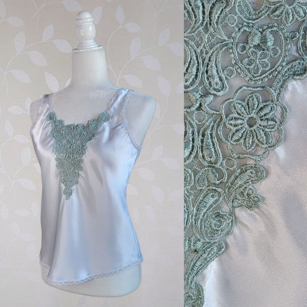 Vintage Satin and Lace Tank Top Romantic Fairy Coquette Floral Silver Blue Green